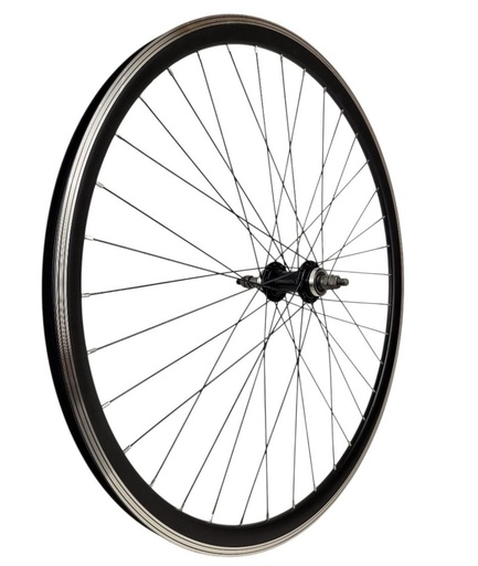 [016-012] Колесо 28 заднє, обід AL подвійний, втулка AL на промах+різьб. під диск. гальма, чорна спиця